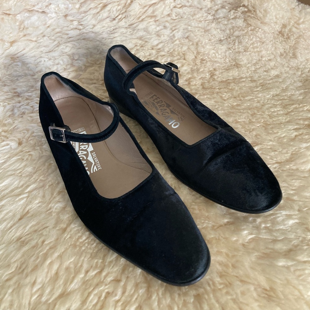 Salvatore Ferragamo black velvet Mary Jane flats